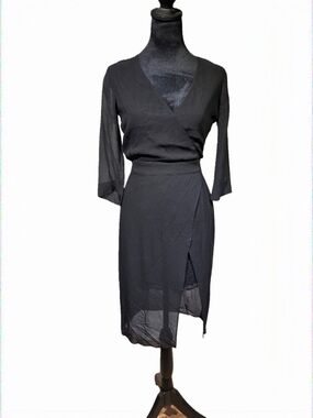 bebe Black Wrap Midi Dress with V-Neck With Lace Lined Underskirt